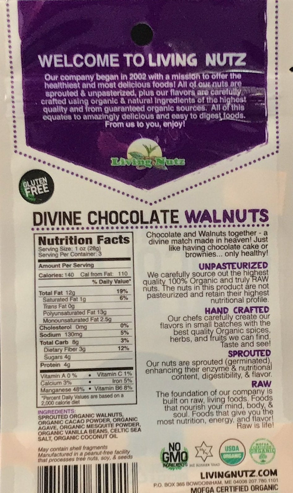 Sprouted walnuts. Chocolate flavor organic walnuts. Sprouted nuts.