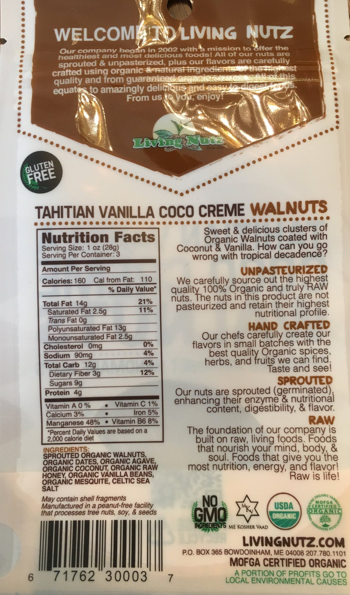  Sprouted nuts. Organic walnuts with vanilla &amp; coconut. Organic nut snacks. Living Nutz