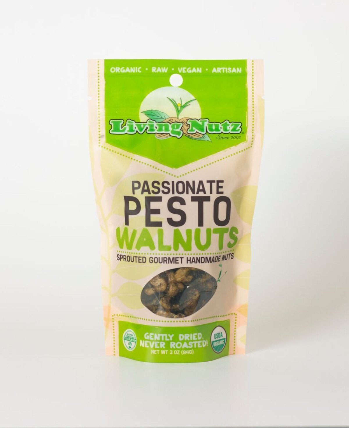 Organic raw sprouted nuts. Sprouted flavored raw walnuts & pesto. Organic nut snacks. Living nuts.