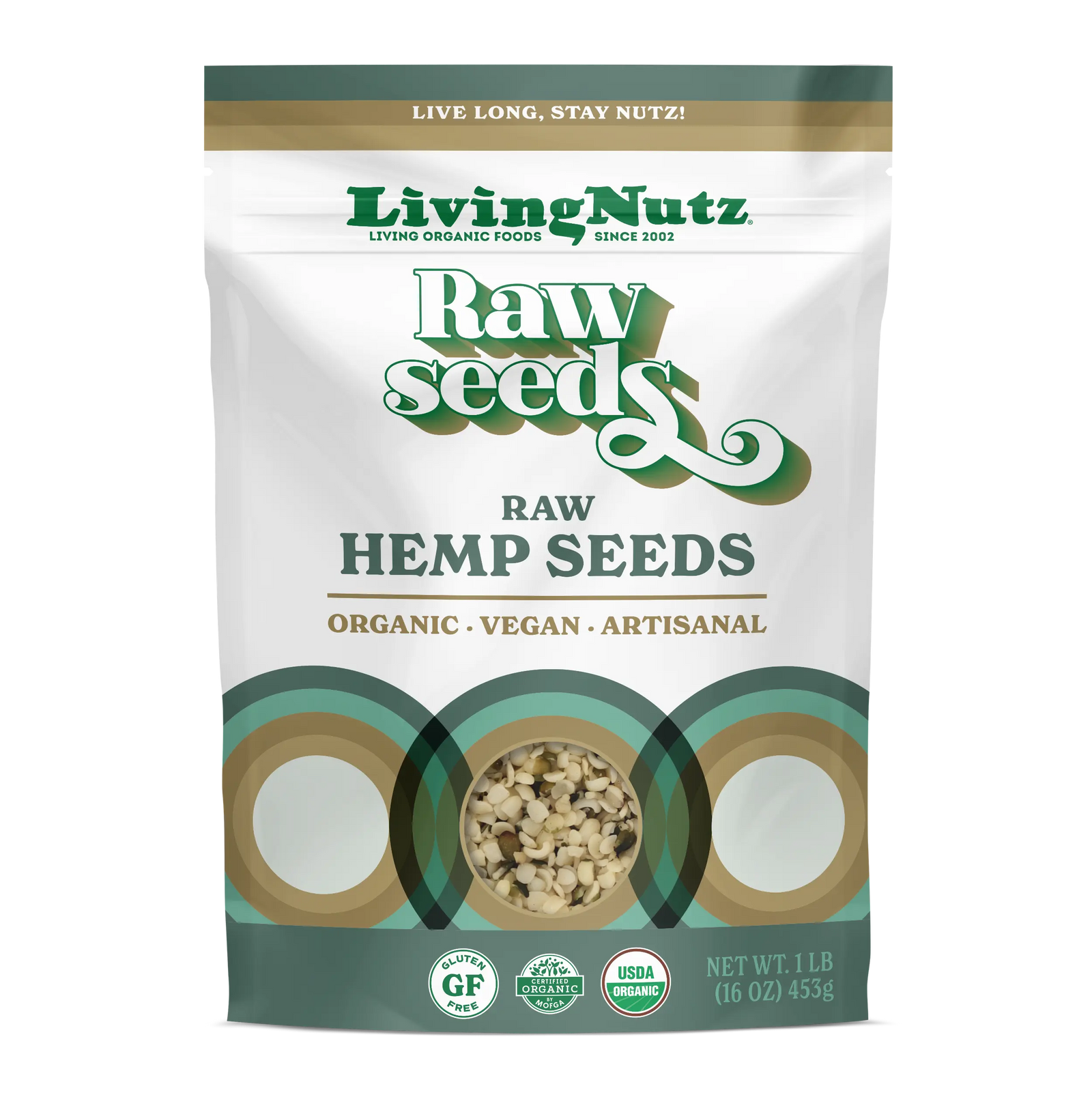 Living Nutz raw hemp seeds package on a white background