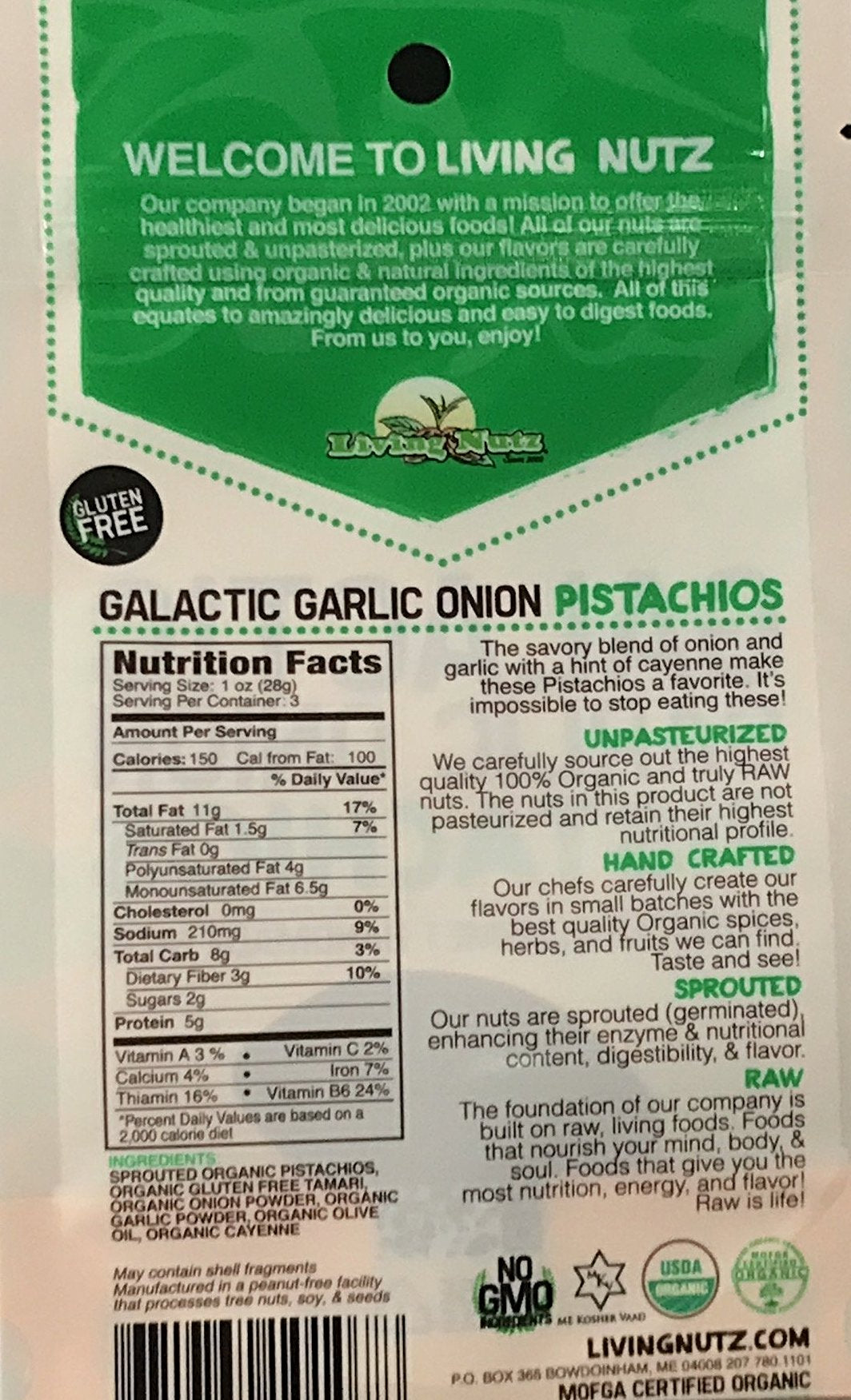 Organic raw sprouted nuts. Sprouted raw Pistachios, garlic and other flavors. Organic snacks that are true to health.