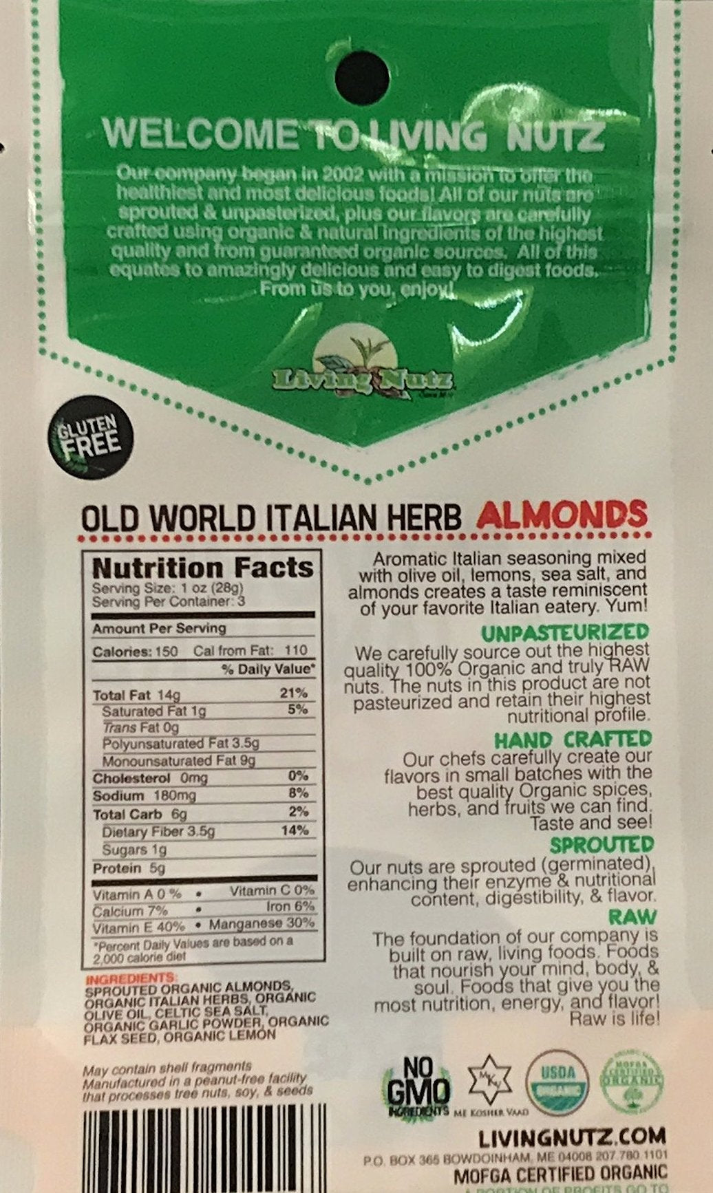 Organic raw sprouted nuts. Sprouted raw & unpasteurized almonds with Italian herb. Living Nutz. True healthy snacking.