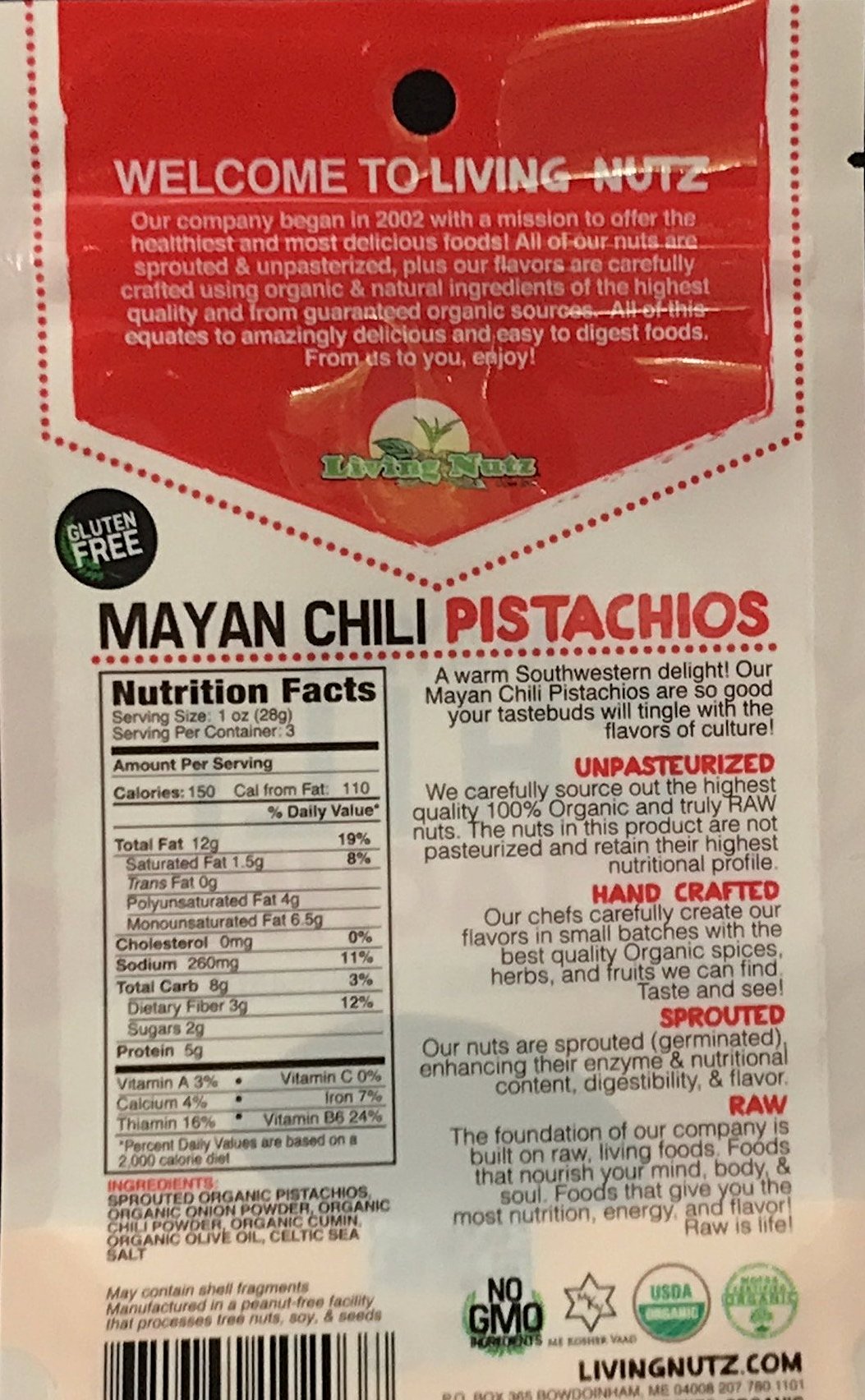 Organic raw sprouted nuts. Sprouted raw pistachios with chili seasoning. Healthy true snacking. Living nuts.