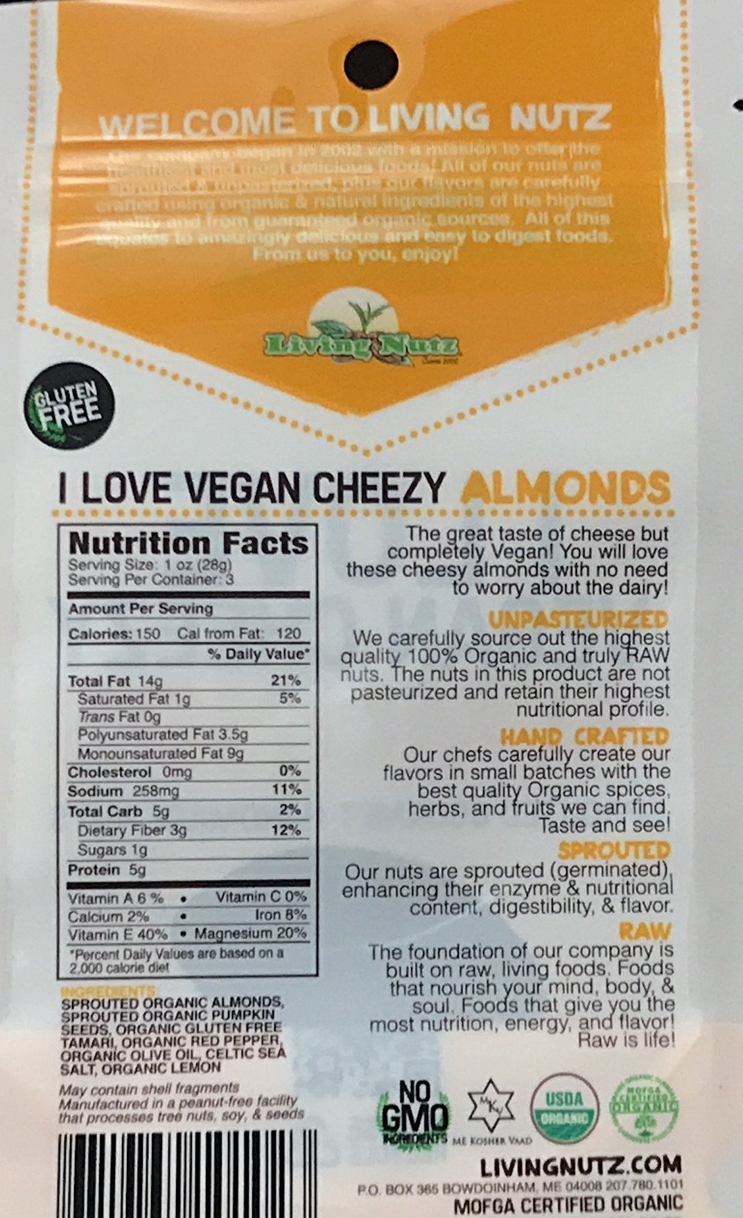 Organic sprouted nuts.  Raw &amp; unpasteurized almonds vegan cheesy flavor. Living Nutz nut snacks