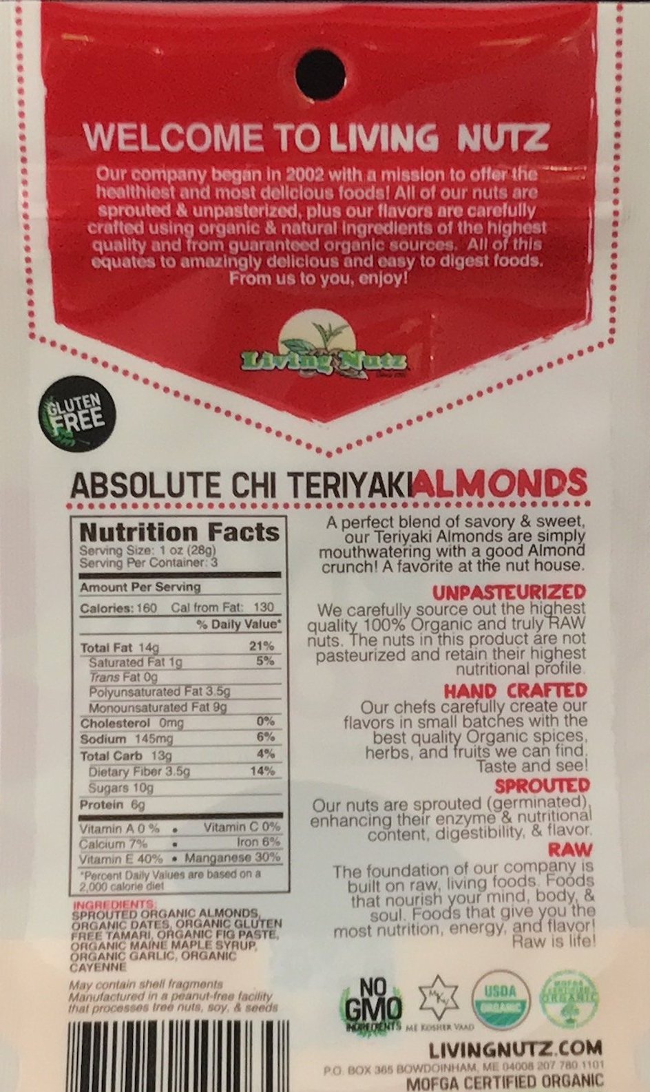 Organic raw sprouted nuts. Teriyaki flavored almonds. unpasteurized almonds
