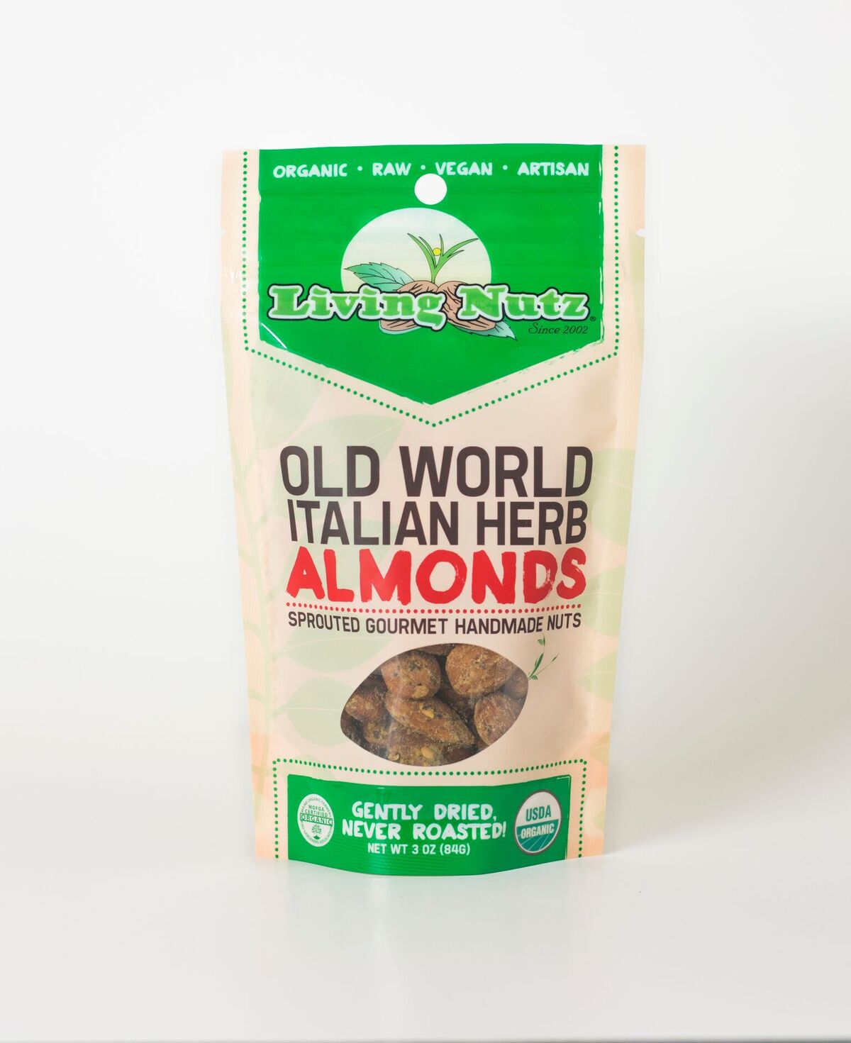 Organic raw sprouted nuts. Sprouted raw &amp; unpasteurized almonds with Italian herb. Living Nutz. True healthy snacking.