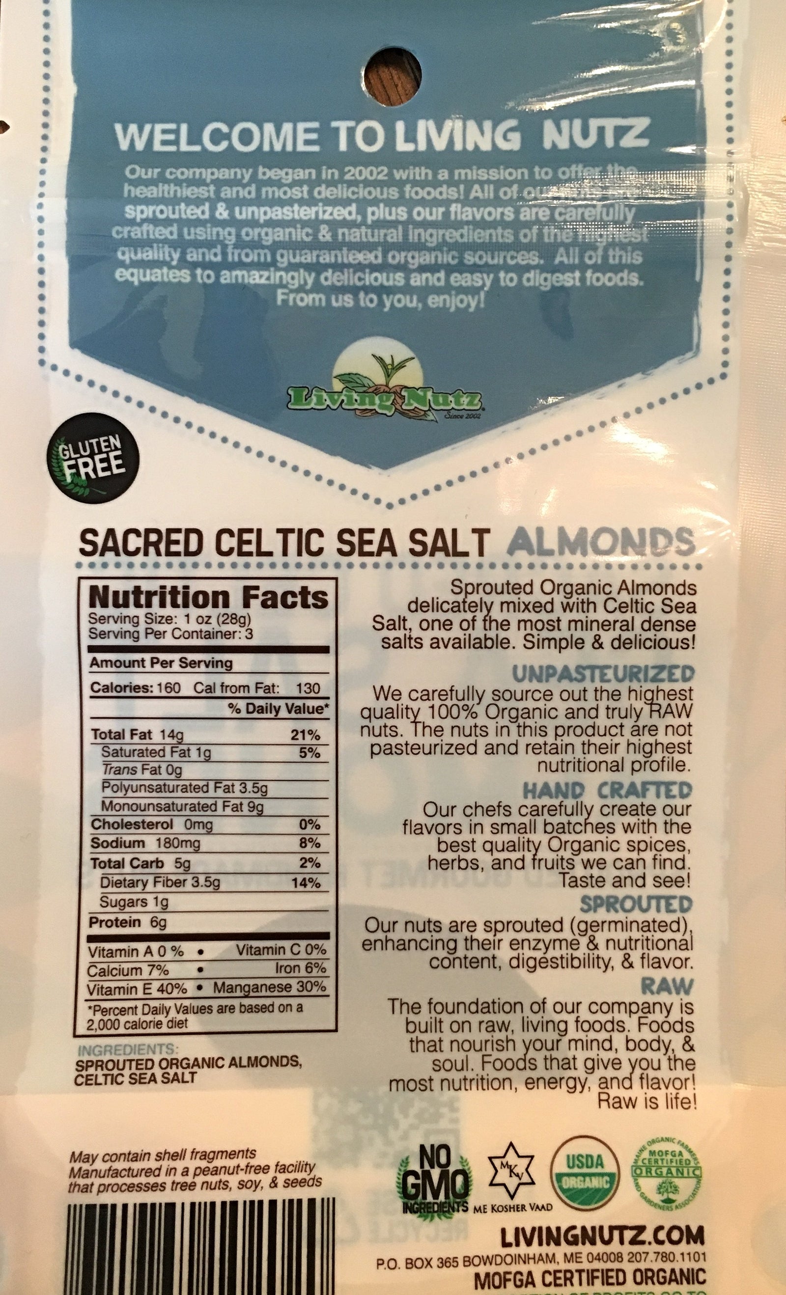 Organic raw sprouted nuts. Sprouted raw & unpasteurized almonds with sea salt. Living Nutz organic snacks.